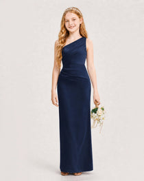 Dideyttawl Satin Junior Bridesmaid Dress with Ruched One-Shoulder