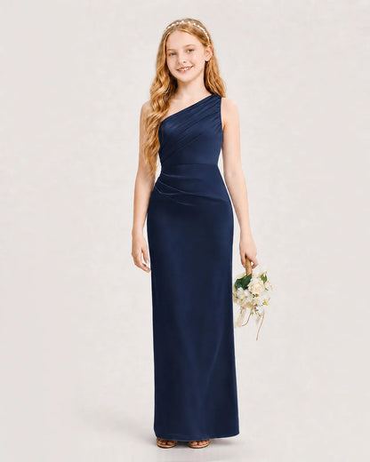 Navy Blue Satin Sheath Junior Bridesmaid Dress Front View