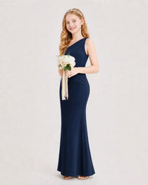 Dideyttawl Satin Junior Bridesmaid Dress with Ruched One-Shoulder