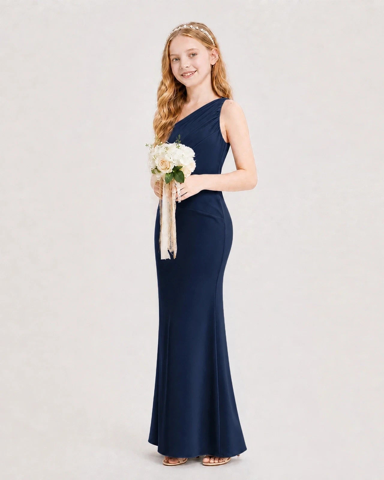 Dideyttawl Satin Junior Bridesmaid Dress with Ruched One-Shoulder