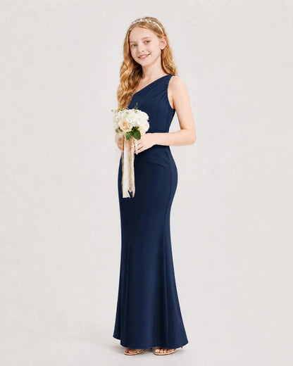 Navy Blue Satin Sheath Junior Bridesmaid Dress Side View