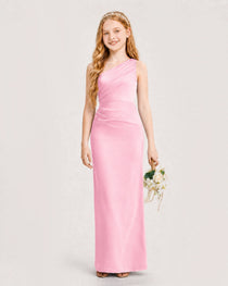 Dideyttawl Satin Junior Bridesmaid Dress with Ruched One-Shoulder