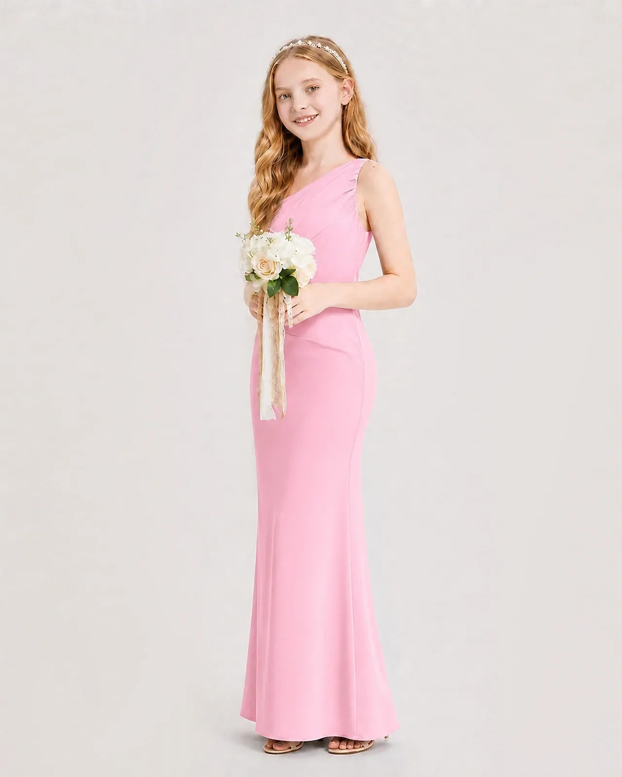 Pink Satin Sheath Junior Bridesmaid Dress Side View