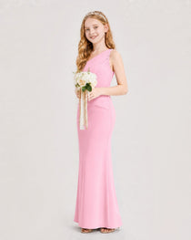 Dideyttawl Satin Junior Bridesmaid Dress with Ruched One-Shoulder
