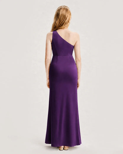 Purple Satin Sheath Junior Bridesmaid Dress Back View