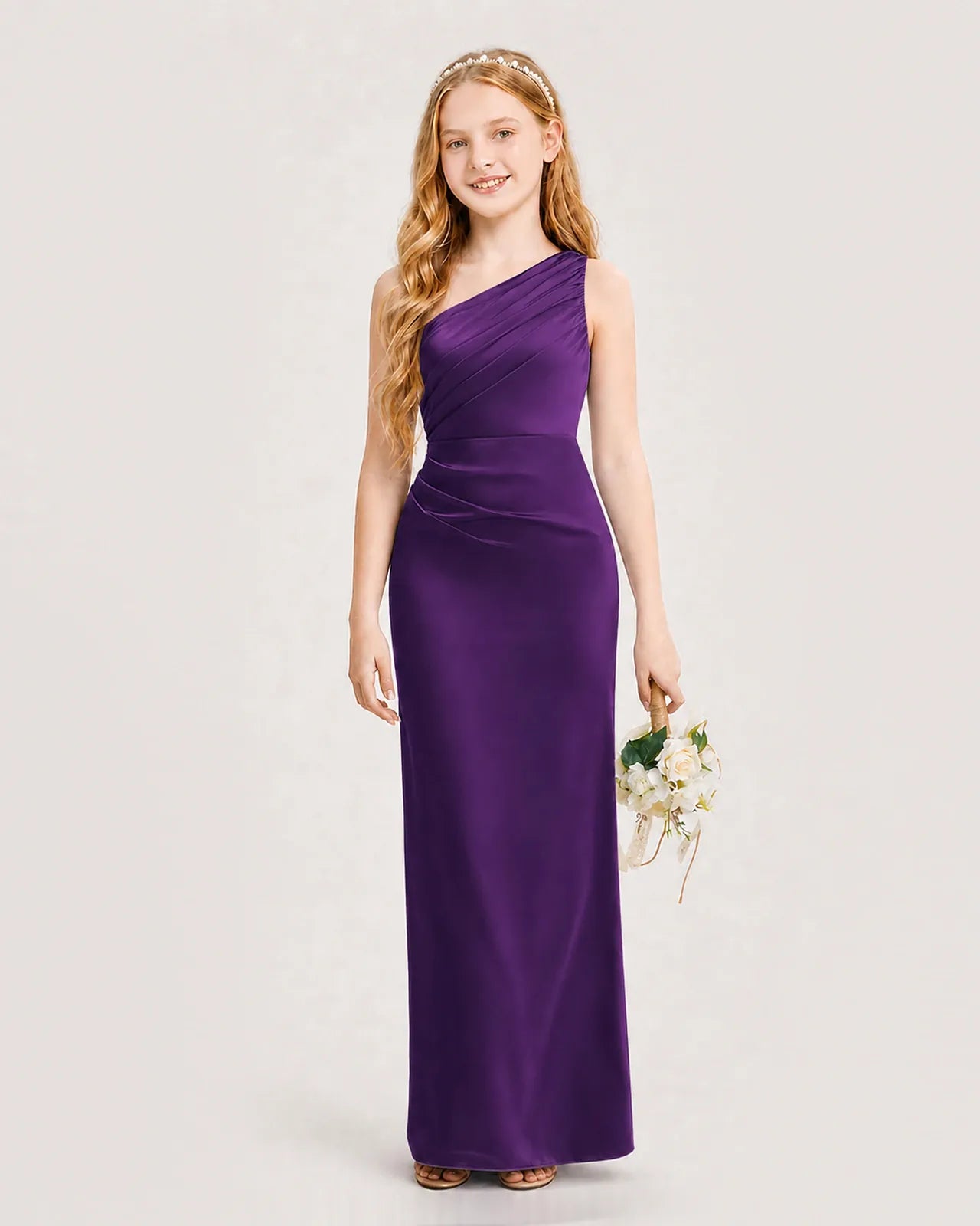 Purple Satin Sheath Junior Bridesmaid Dress Front View