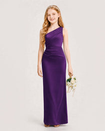 Dideyttawl Satin Junior Bridesmaid Dress with Ruched One-Shoulder
