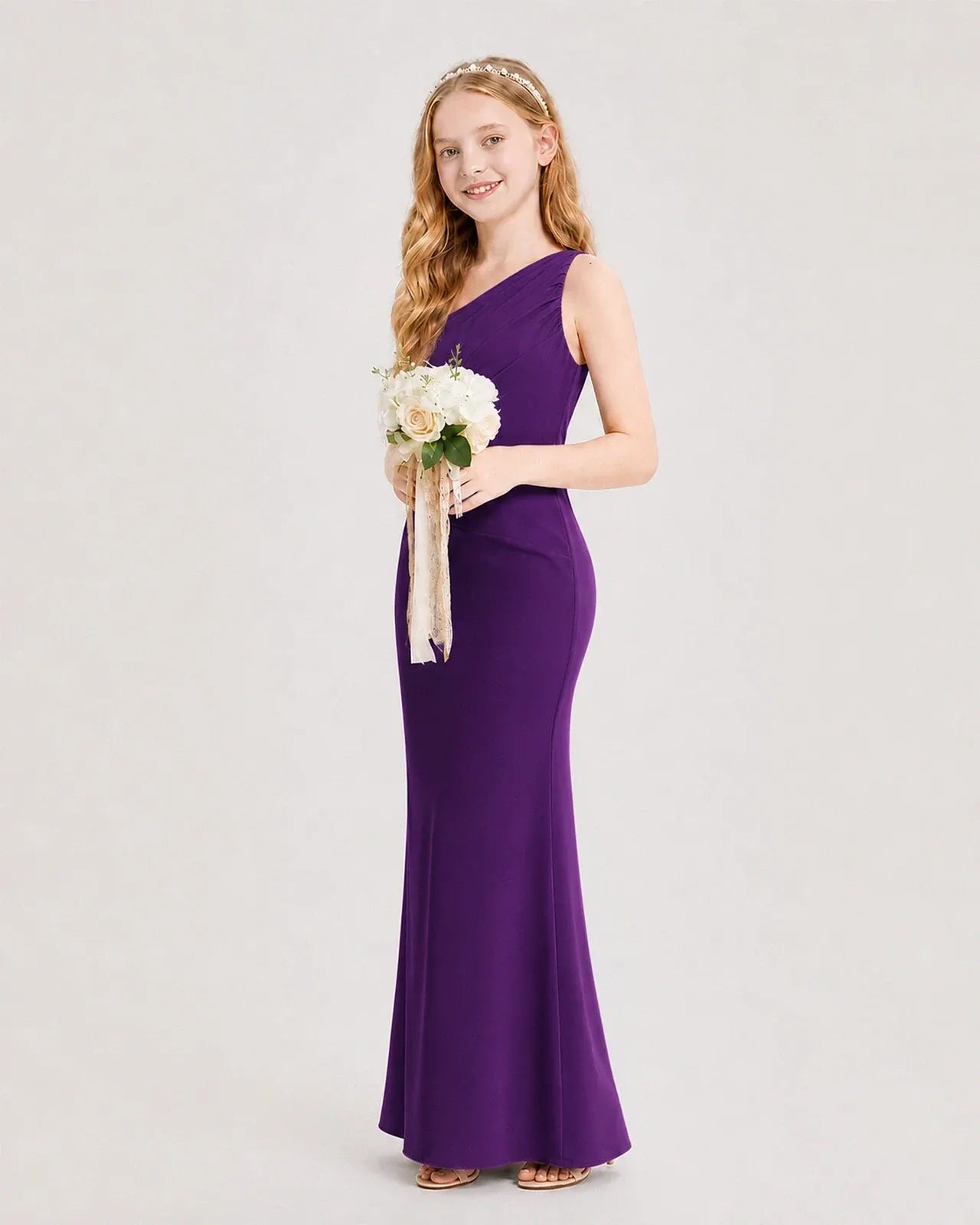 Purple Satin Sheath Junior Bridesmaid Dress Side View