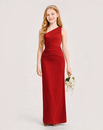 Dideyttawl Satin Junior Bridesmaid Dress with Ruched One-Shoulder