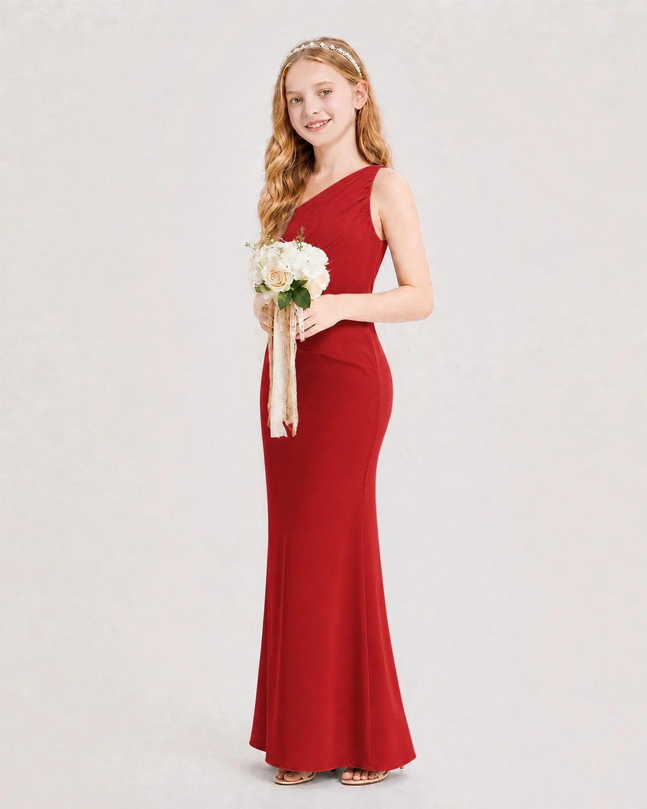Dideyttawl Satin Junior Bridesmaid Dress with Ruched One-Shoulder