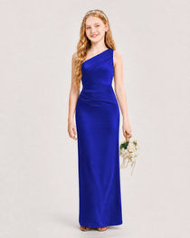 Dideyttawl Satin Junior Bridesmaid Dress with Ruched One-Shoulder