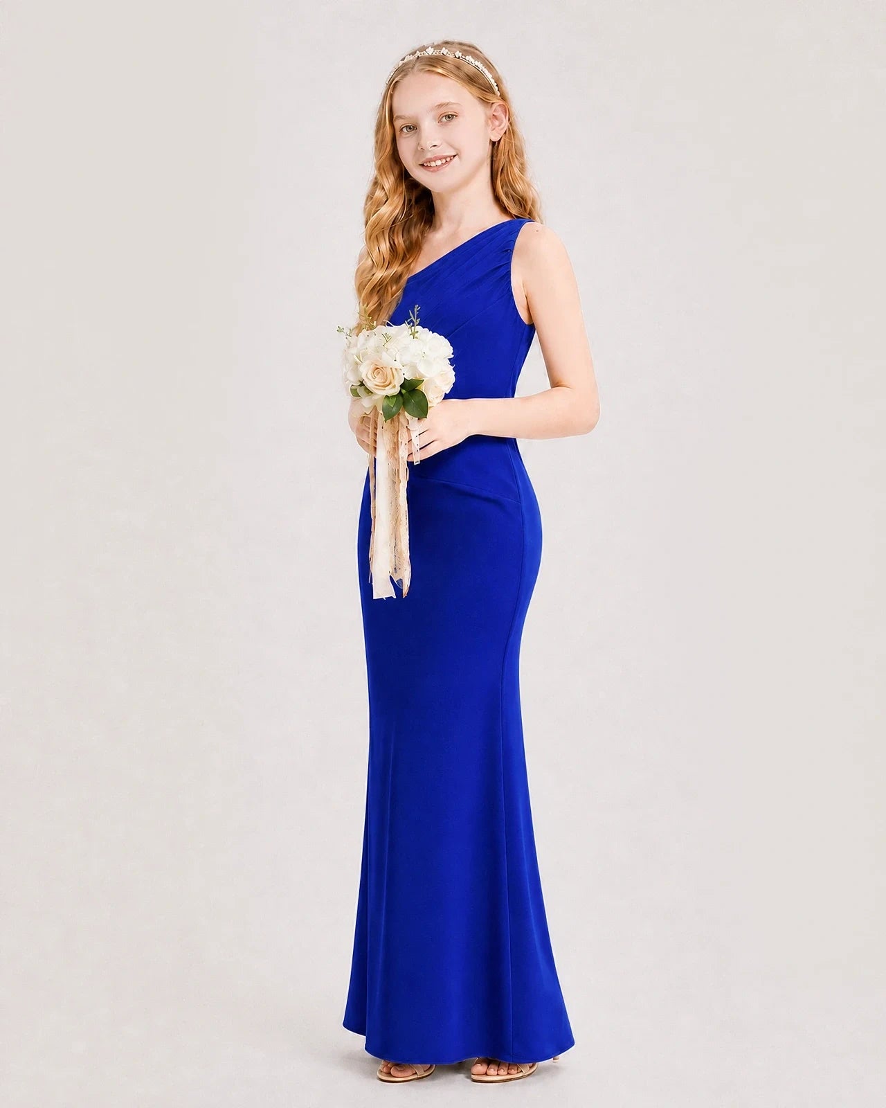Dideyttawl Satin Junior Bridesmaid Dress with Ruched One-Shoulder