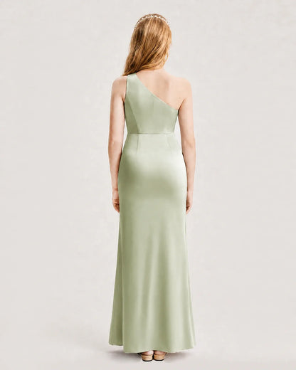 Sage Green Satin A-line Junior Bridesmaid Dress Back View