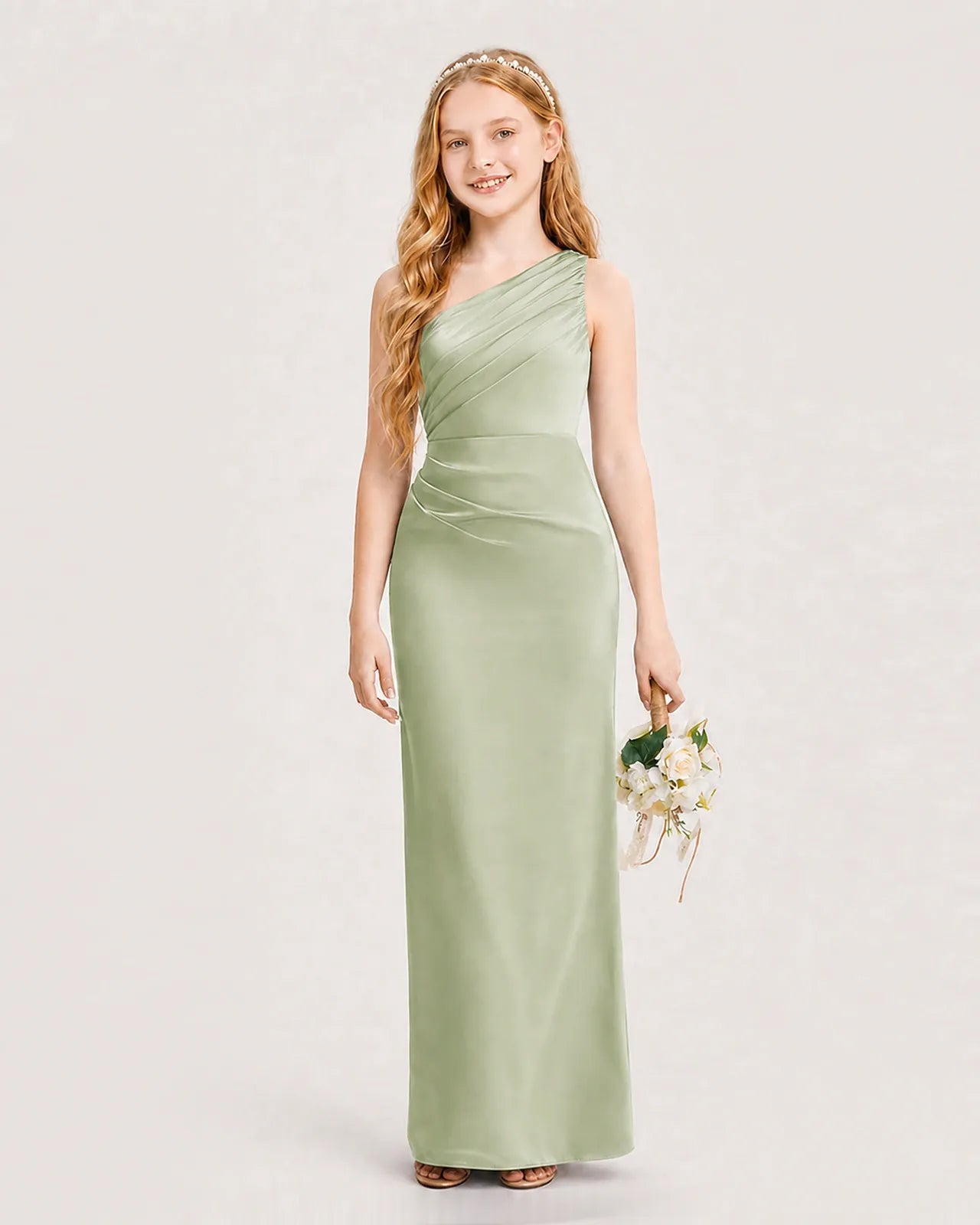 Sage Green Satin A-line Junior Bridesmaid Dress Front View