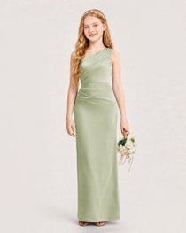 Dideyttawl Satin Junior Bridesmaid Dress with Ruched One-Shoulder