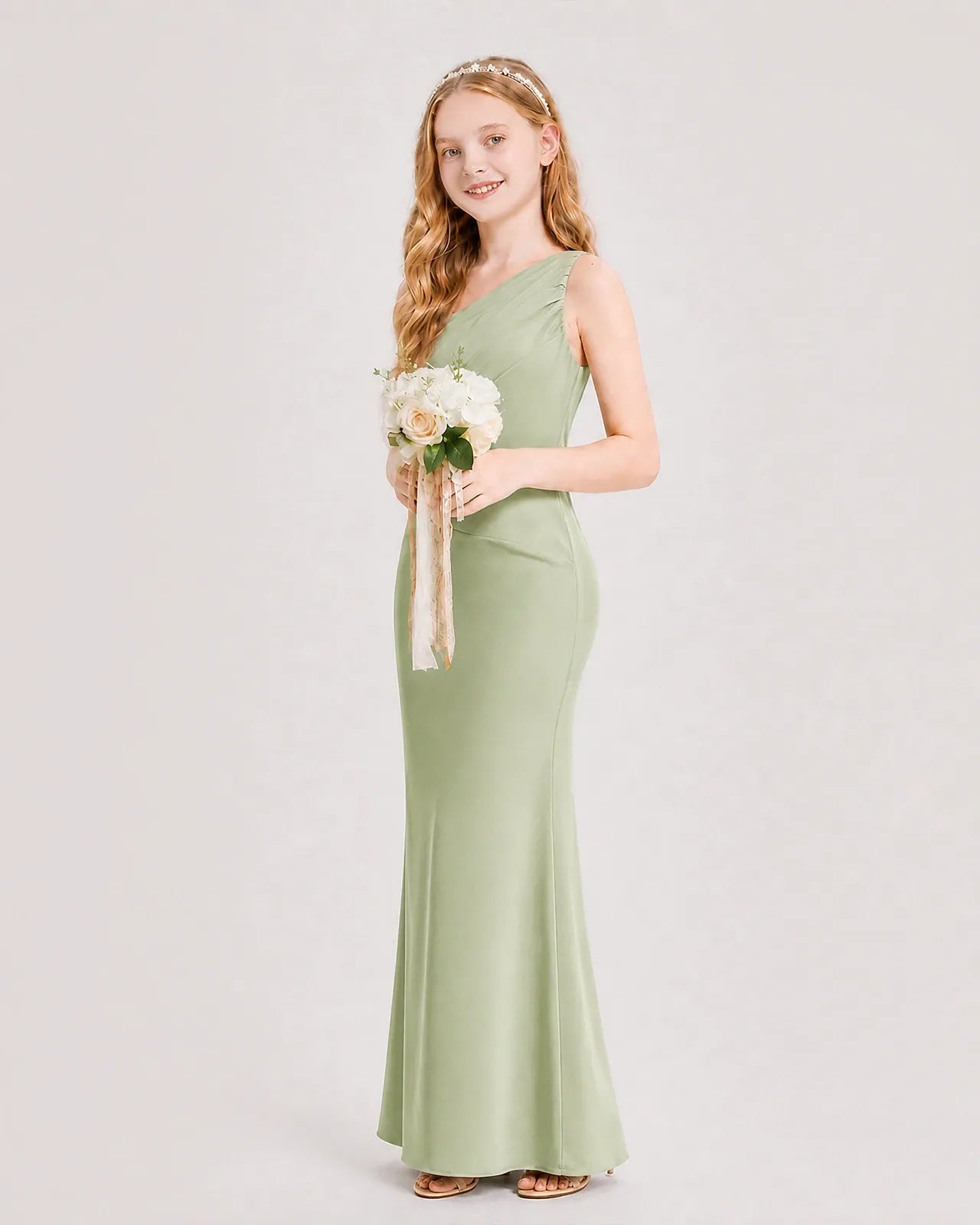 Sage Green Satin Mermaid Junior Bridesmaid Dress Side View