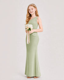 Dideyttawl Satin Junior Bridesmaid Dress with Ruched One-Shoulder