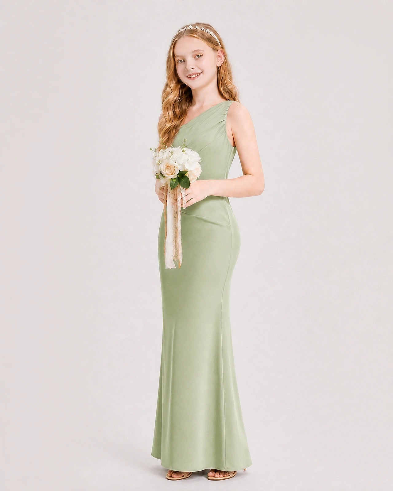 Dideyttawl Satin Junior Bridesmaid Dress with Ruched One-Shoulder