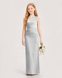 Dideyttawl Satin Junior Bridesmaid Dress with Ruched One-Shoulder