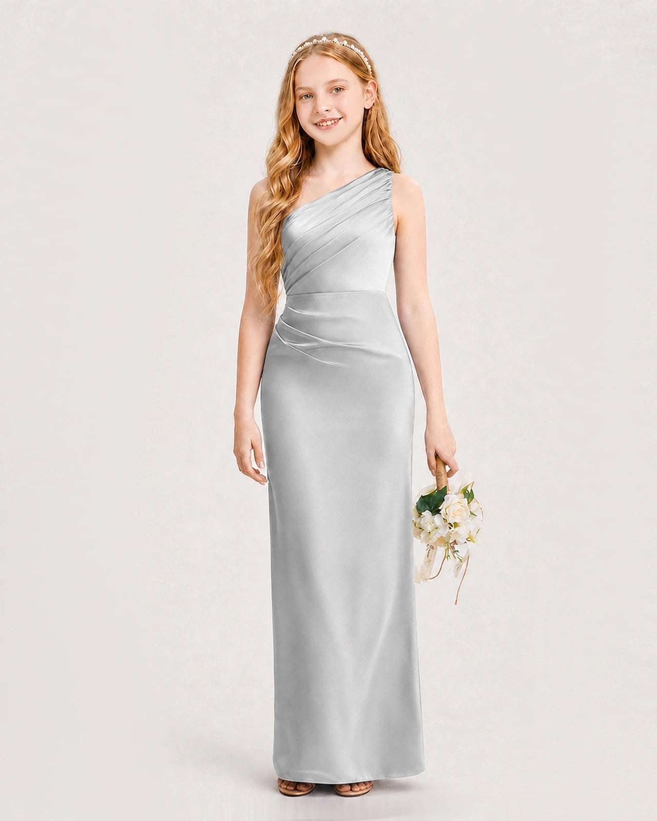 Dideyttawl Satin Junior Bridesmaid Dress with Ruched One-Shoulder