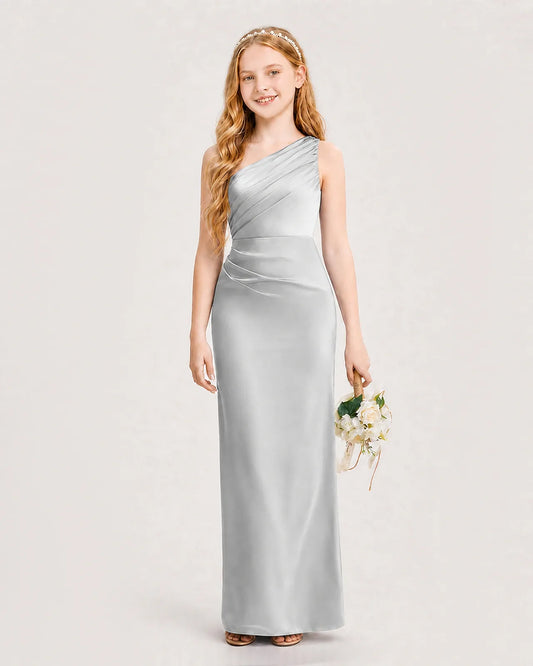Silver Satin Sheath Junior Bridesmaid Dress Front View