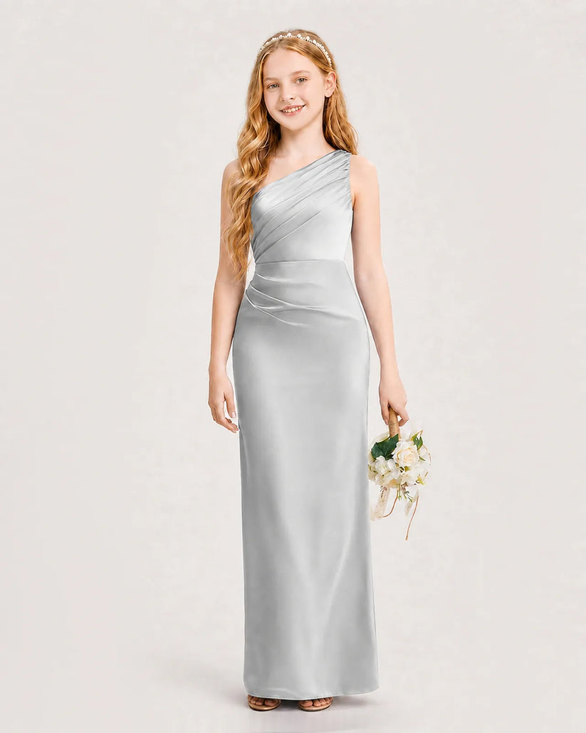 Silver Satin Sheath Junior Bridesmaid Dress Front View