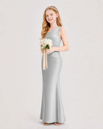 Dideyttawl Satin Junior Bridesmaid Dress with Ruched One-Shoulder