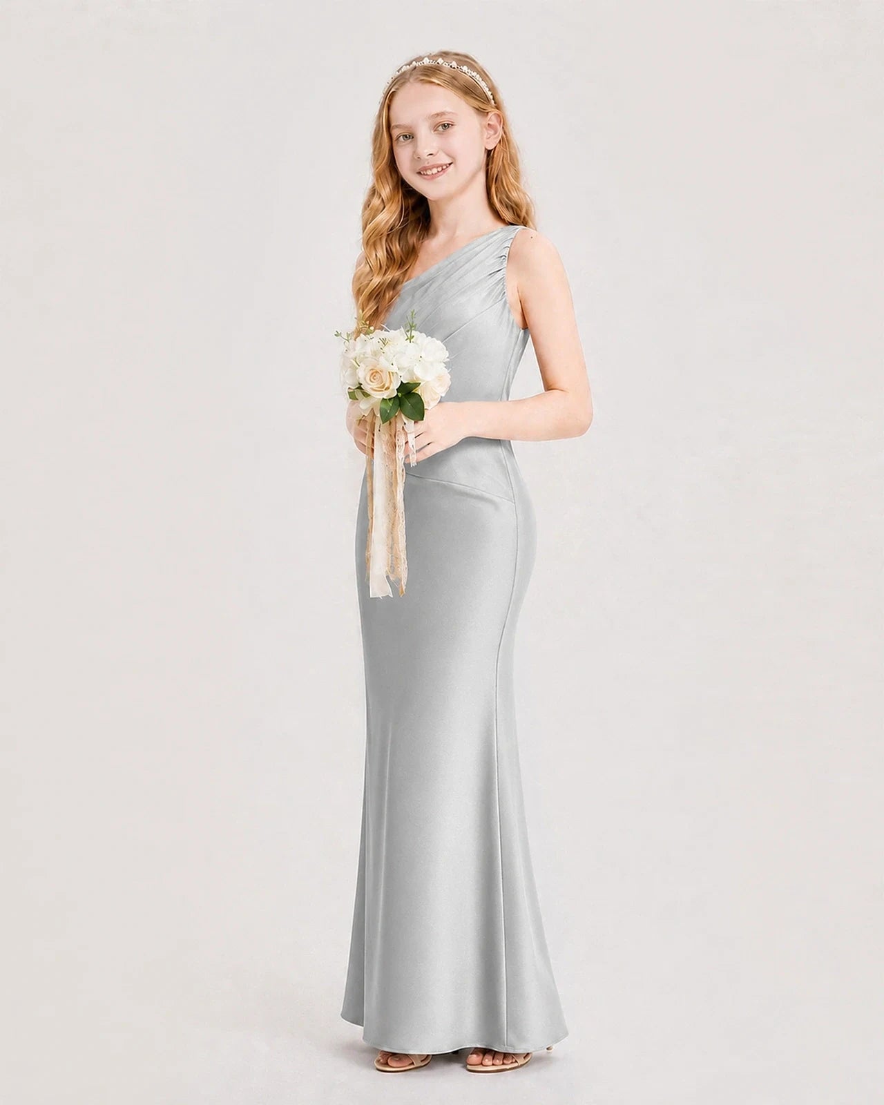Dideyttawl Satin Junior Bridesmaid Dress with Ruched One-Shoulder