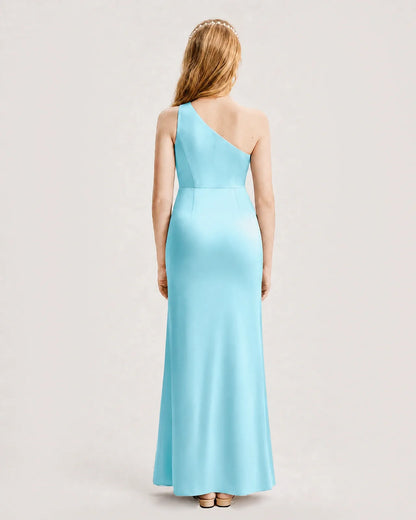 Sky Blue Satin A-line Junior Bridesmaid Dress Back View
