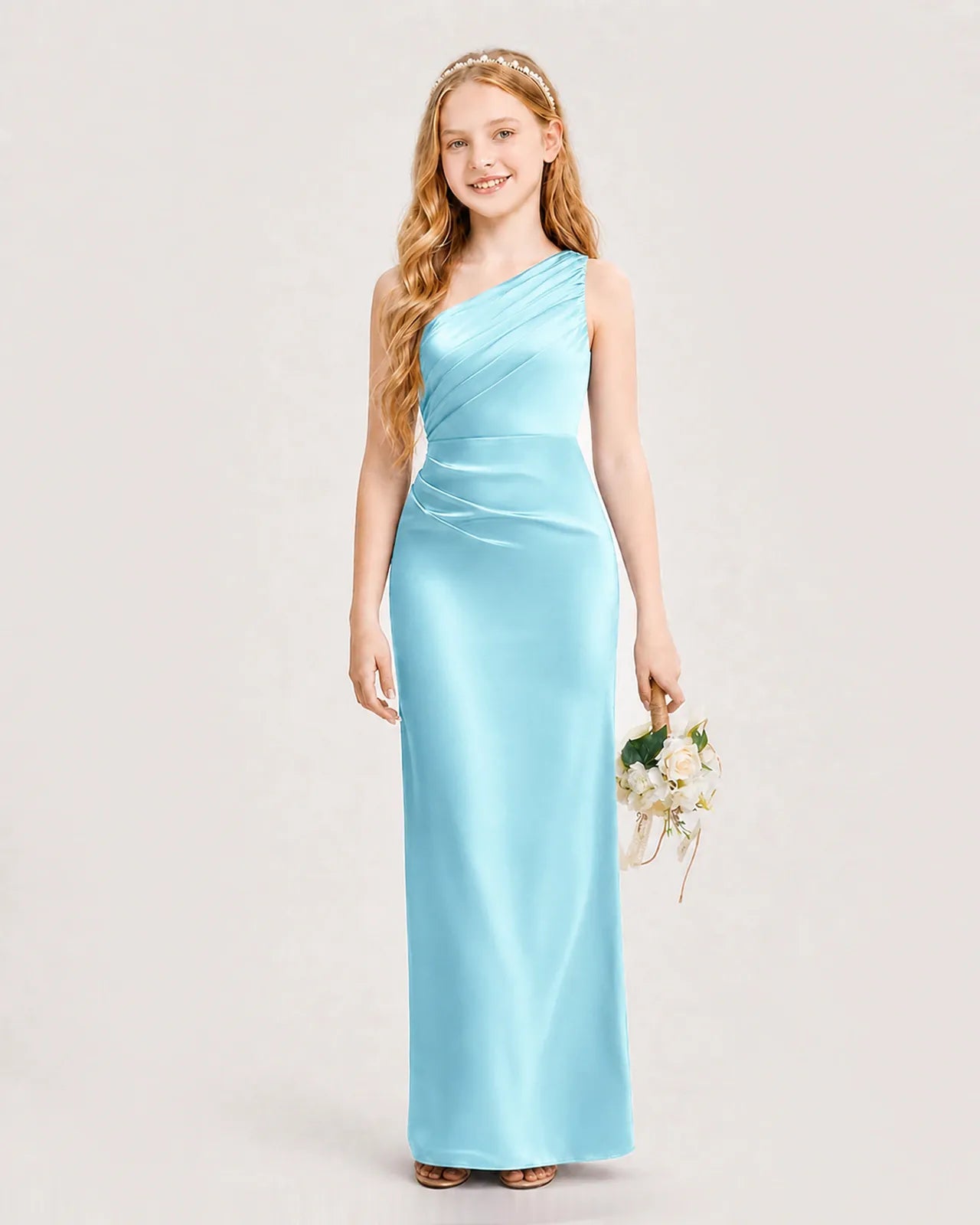 Sky Blue Satin A-line Junior Bridesmaid Dress Front View
