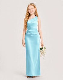 Dideyttawl Satin Junior Bridesmaid Dress with Ruched One-Shoulder