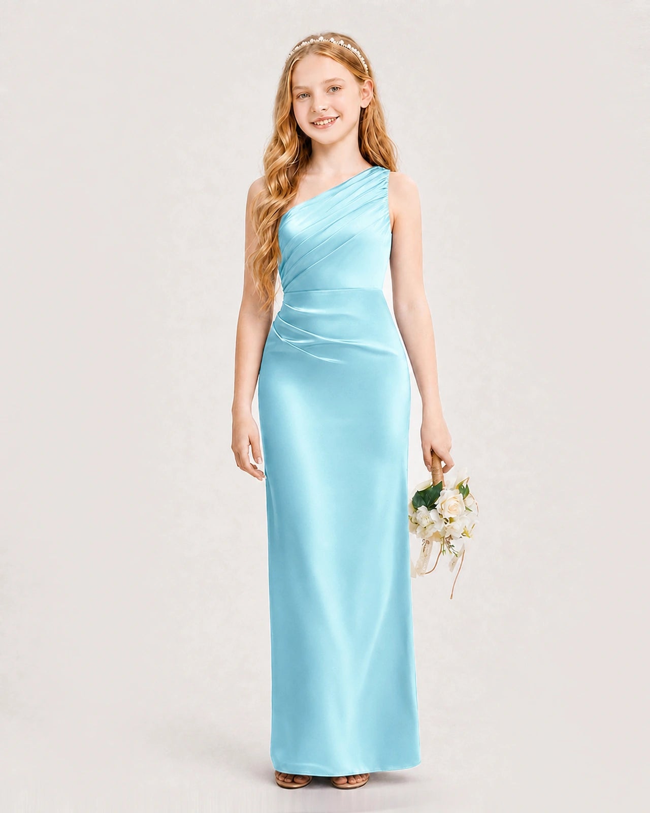 Dideyttawl Satin Junior Bridesmaid Dress with Ruched One-Shoulder