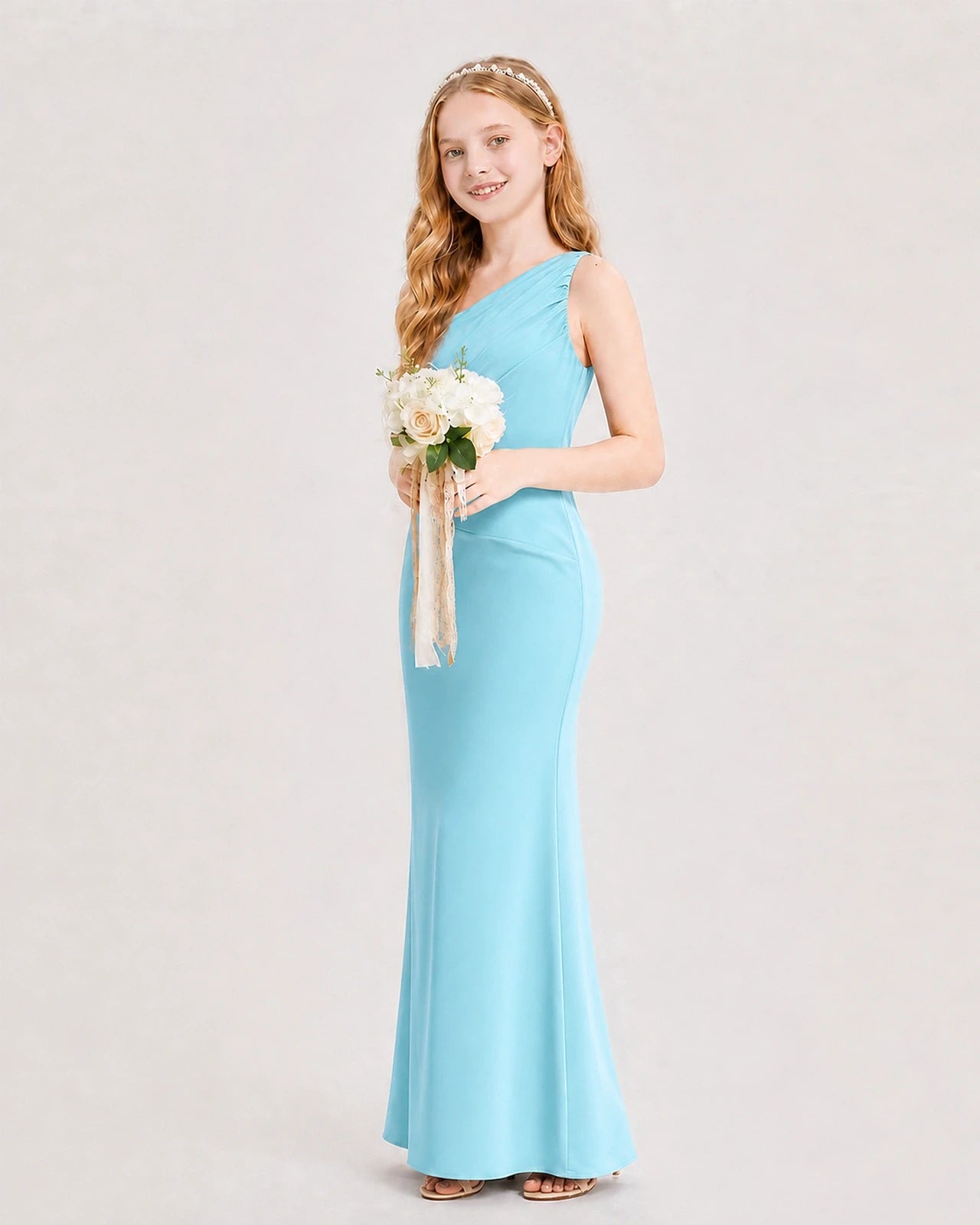 Dideyttawl Satin Junior Bridesmaid Dress with Ruched One-Shoulder