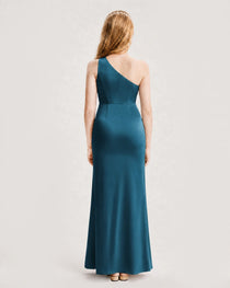 Dideyttawl Satin Junior Bridesmaid Dress with Ruched One-Shoulder