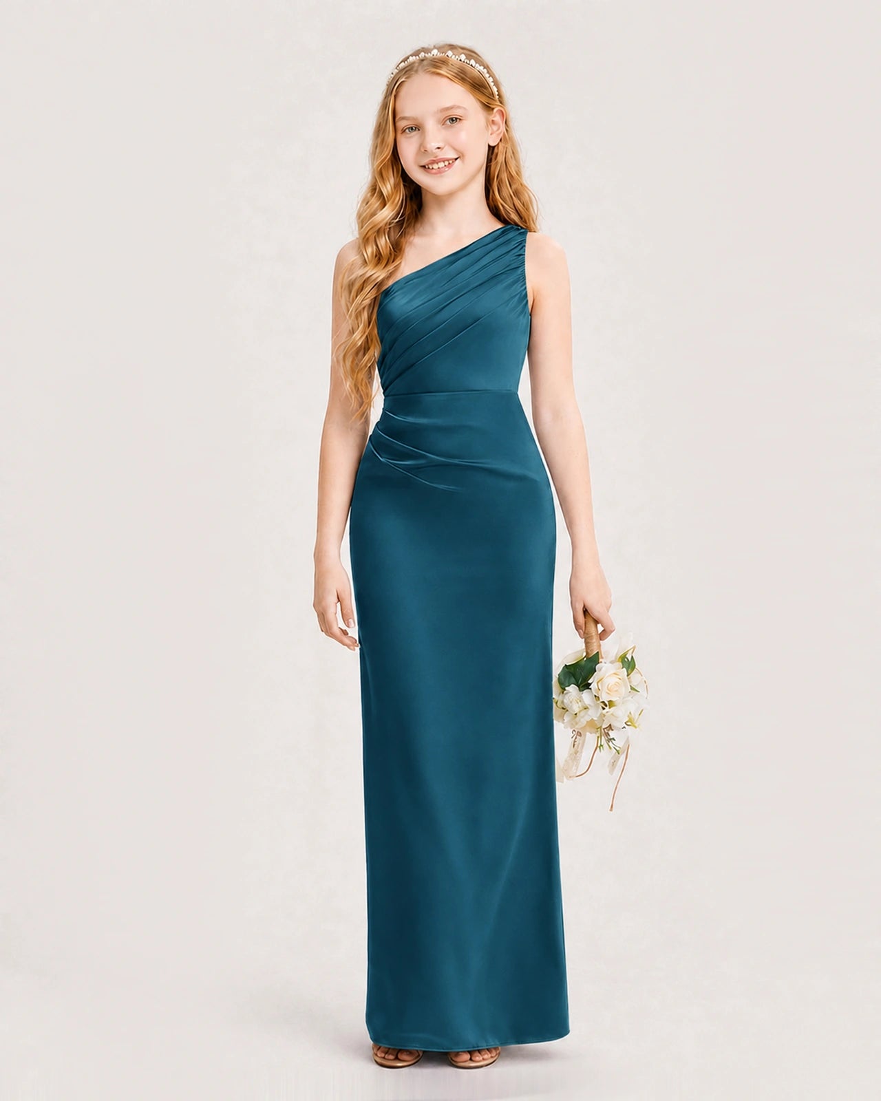 Dideyttawl Satin Junior Bridesmaid Dress with Ruched One-Shoulder