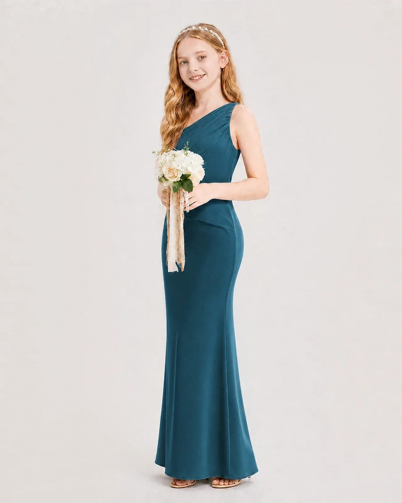 Teal Satin Mermaid Junior Bridesmaid Dress Side View