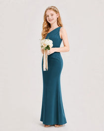 Dideyttawl Satin Junior Bridesmaid Dress with Ruched One-Shoulder