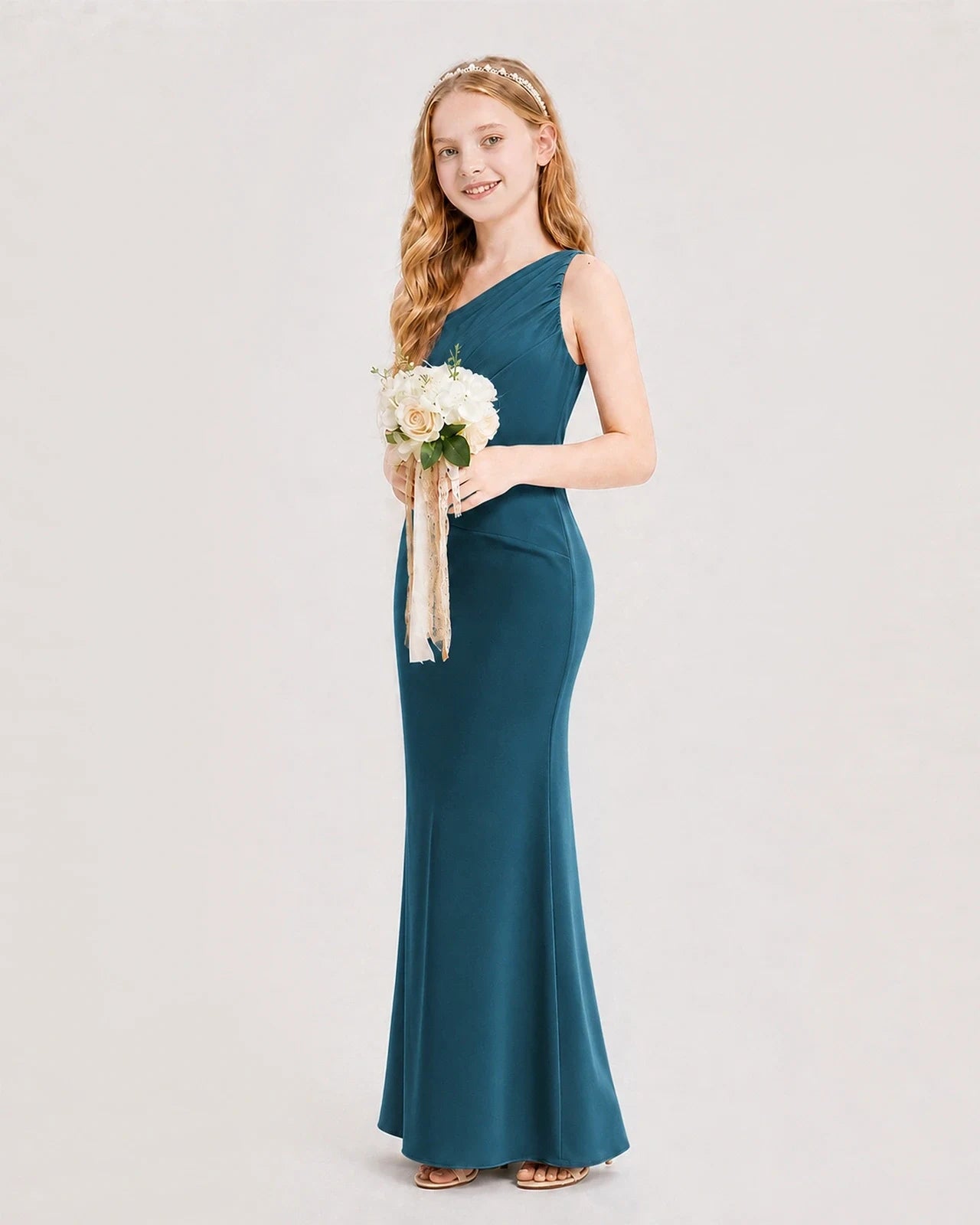 Dideyttawl Satin Junior Bridesmaid Dress with Ruched One-Shoulder