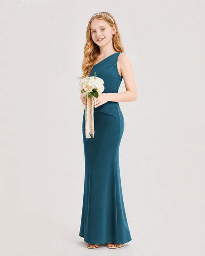Teal Satin Mermaid Junior Bridesmaid Dress Side View