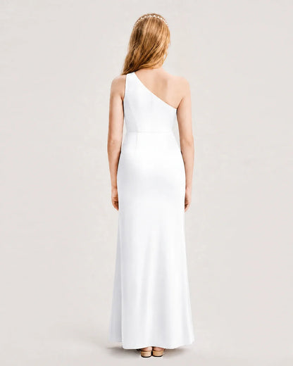 White Satin Sheath Junior Bridesmaid Dress Back View