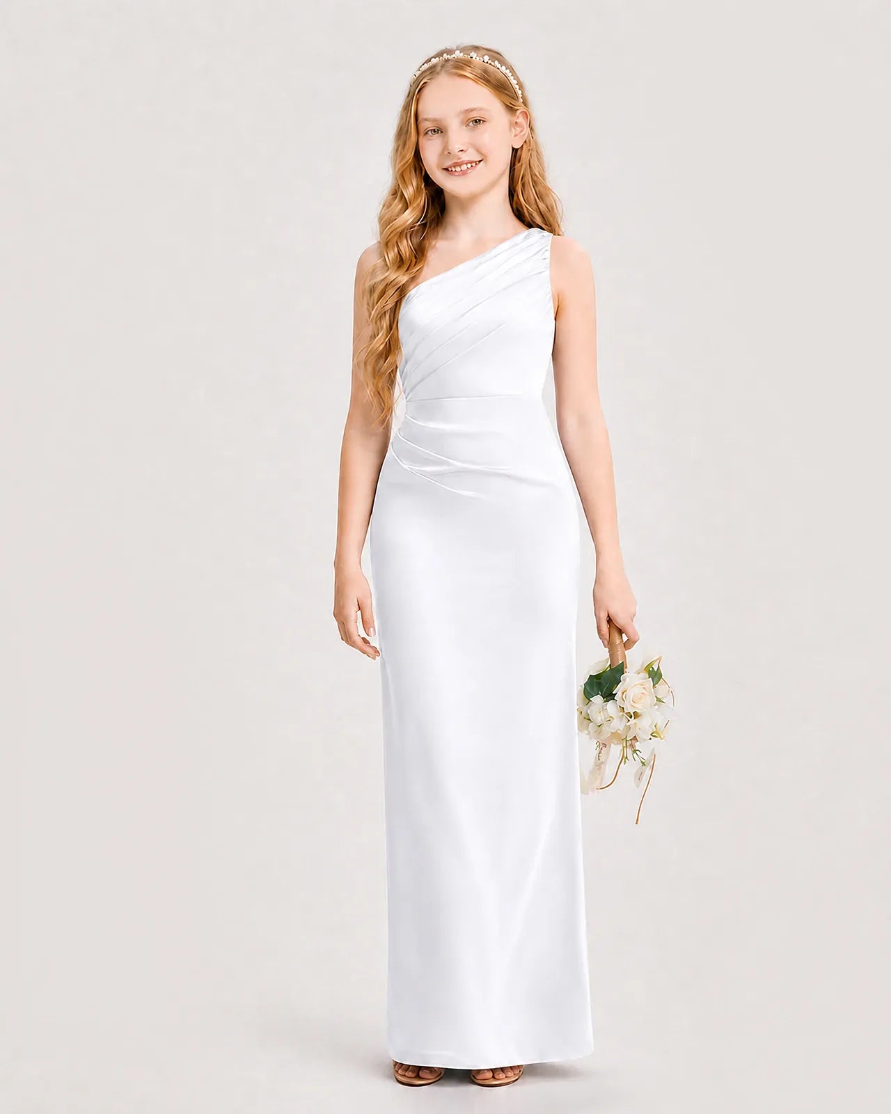 White Satin Sheath Junior Bridesmaid Dress Front View
