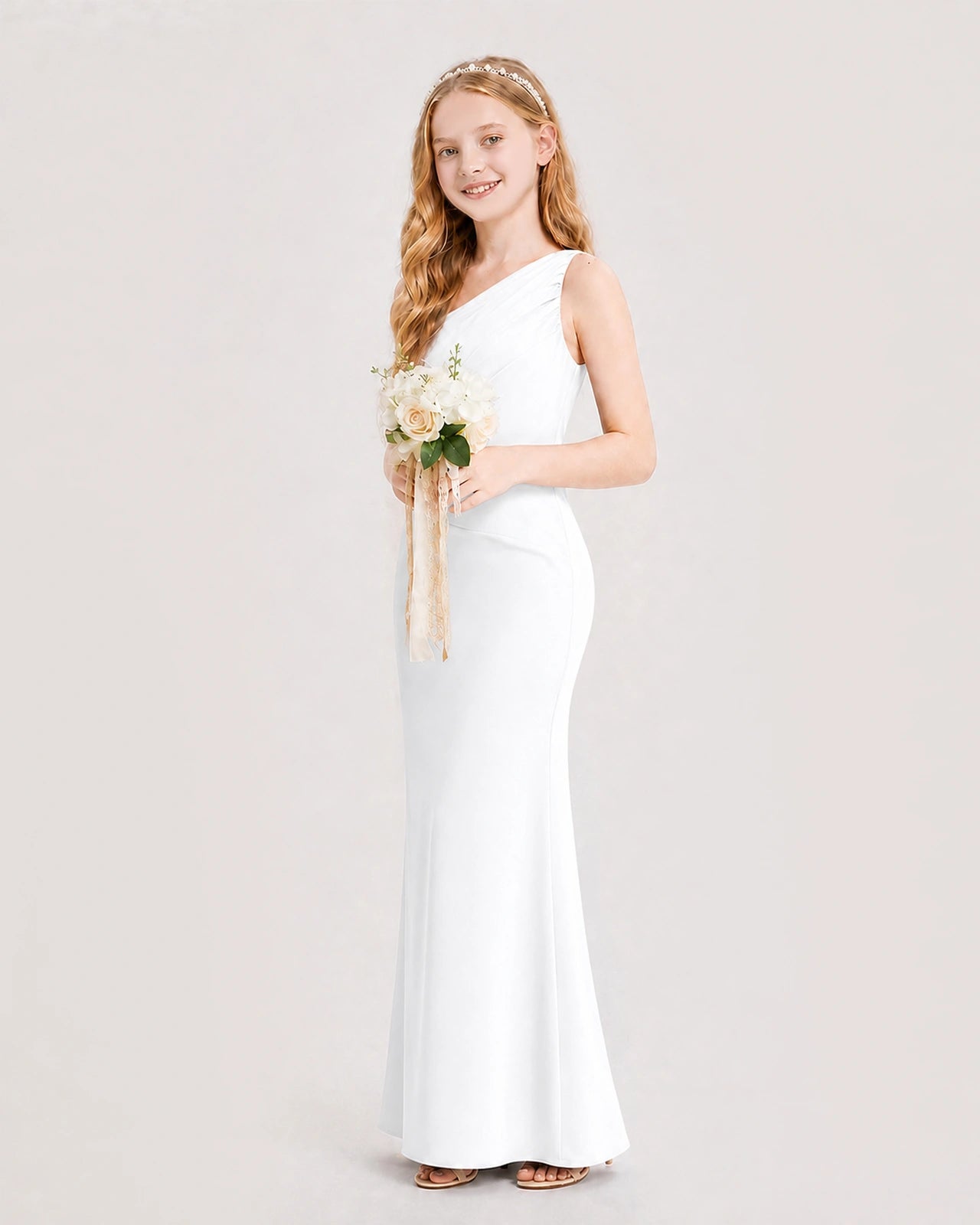 Dideyttawl Satin Junior Bridesmaid Dress with Ruched One-Shoulder