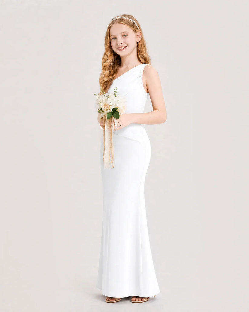 White Satin Sheath Junior Bridesmaid Dress Side View