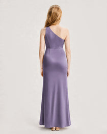 Dideyttawl Satin Junior Bridesmaid Dress with Ruched One-Shoulder
