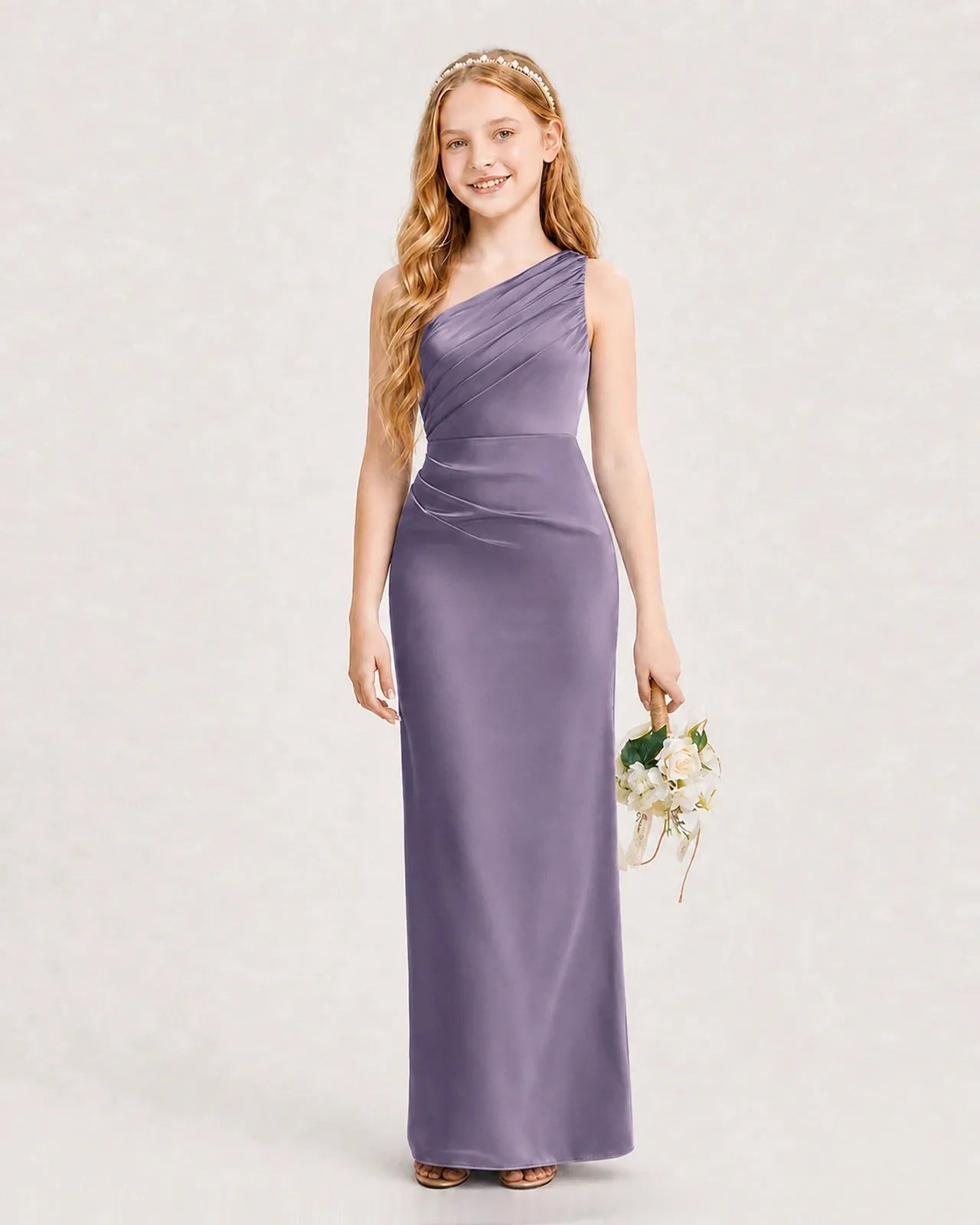 Wisteria Satin A-line Junior Bridesmaid Dress Front View