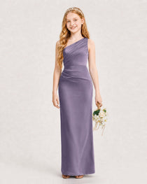 Dideyttawl Satin Junior Bridesmaid Dress with Ruched One-Shoulder