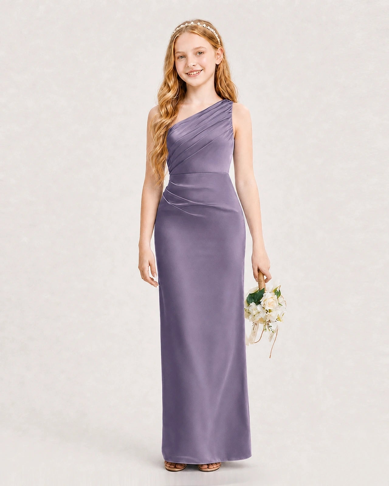 Dideyttawl Satin Junior Bridesmaid Dress with Ruched One-Shoulder