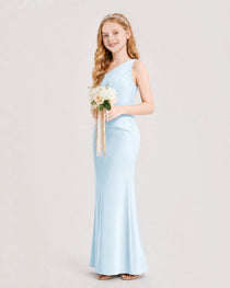 Baby Blue Junior Bridesmaid Dress One-Shoulder Ruched Satin Column Floor-Length Gown Side Full View