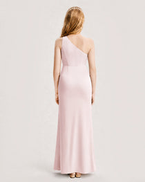Blush Pink Junior Bridesmaid Dress One-Shoulder Ruched Satin Column Floor-Length Gown Back Full View