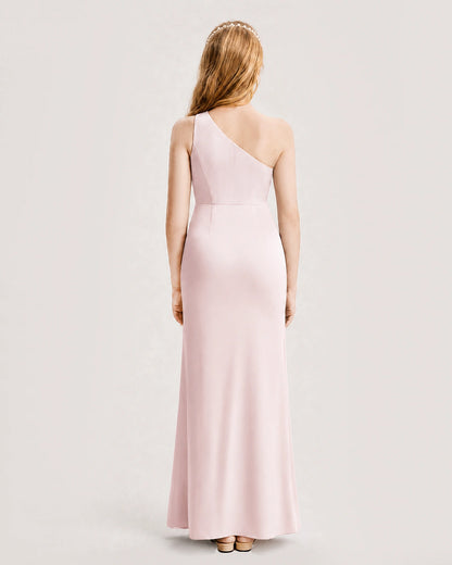 Blush Pink Junior Bridesmaid Dress One-Shoulder Ruched Satin Column Floor-Length Gown Back Full View